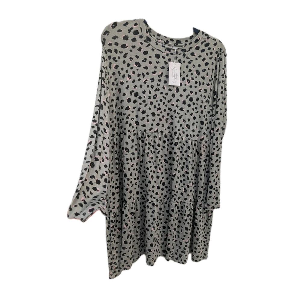 Mudpie Womens Minnie Tiered‎ Dress Sz M Sage Animal Print Long Sleeve Casual NEW